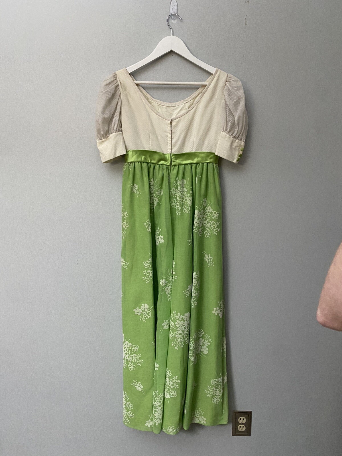 Vintage 60s Cari-Lyn Green Floral Swiss Dot Empire Waist Dress Prairie Cottage