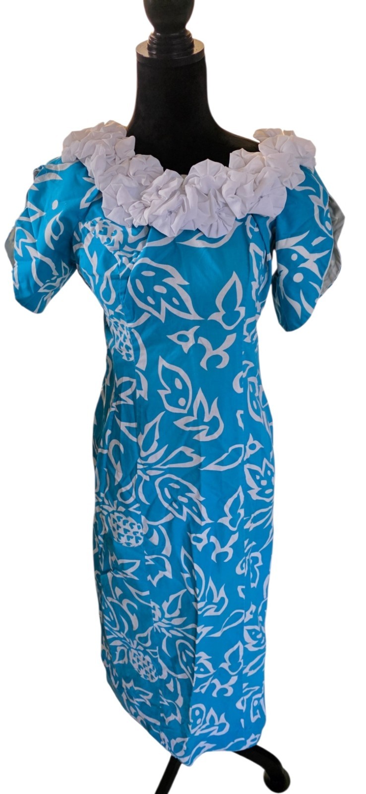 VTG Ja-Na of Hawaii Muumuu Dress Blue Pineapple Print Yoyo Ruffle Collar S/M