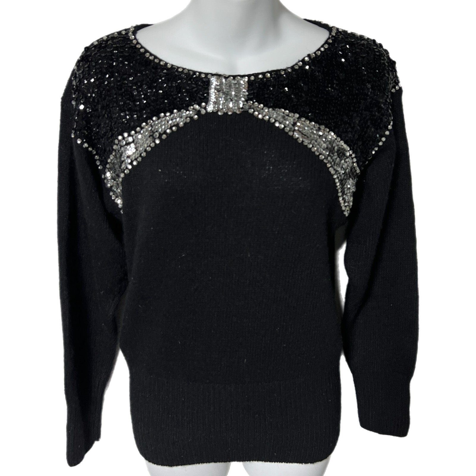 Vintage Black & Silver Sequin Rhinestone Ribbon Bow Embellished Sweater S Angora