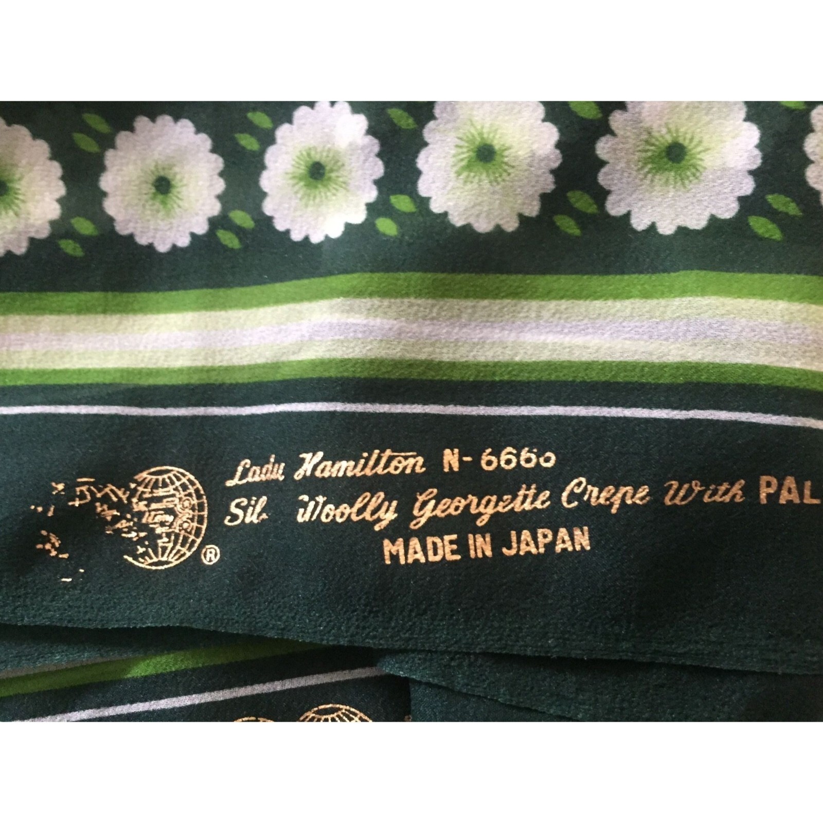 Lady Hamilton Fabric Sari N-6666 Silk Woolly Georgette Crepe W/PALOO Green 60’s
