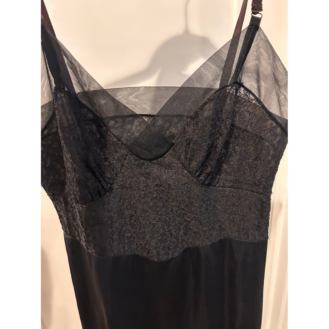 Vintage Munsingwear Black Nylon Tricot Lace Maxi Slip Dress Size 32 Tall USA
