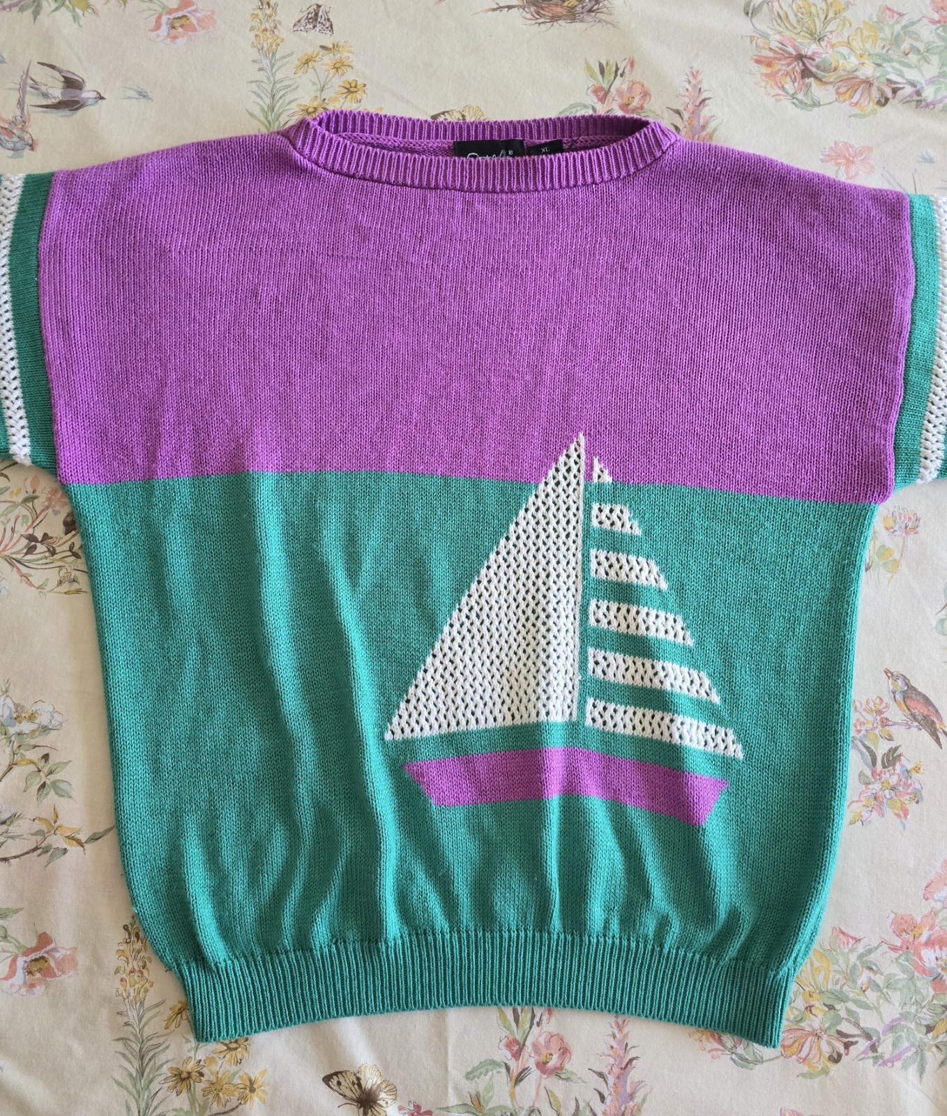 Vintage 1980s Catalina Sailboat Blouse Pastel Sweater Womens Large XL Nautical