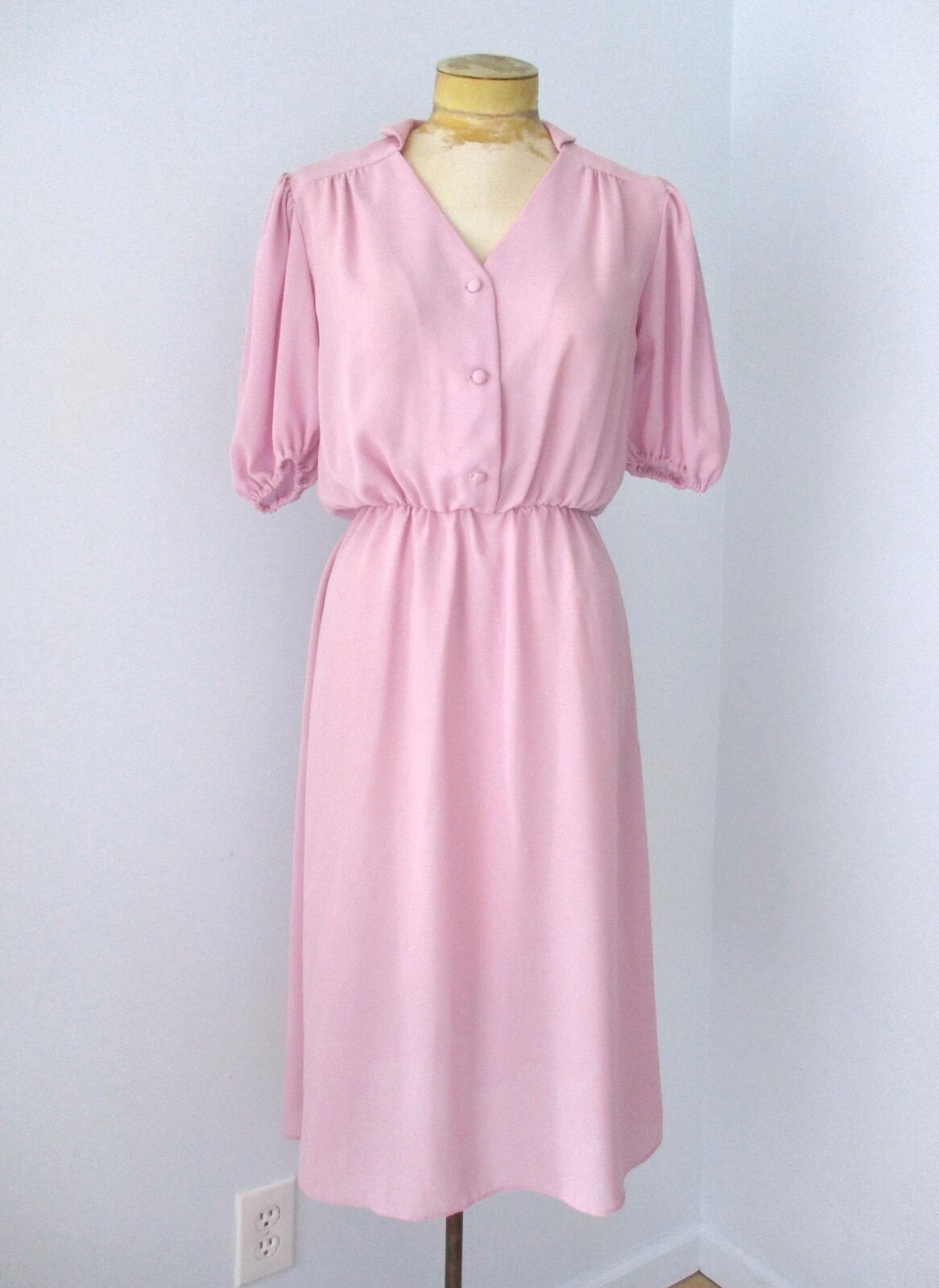 Vtg 70s Lilac Purple Sheer Poly Chiffon Shirtwaist Secretary Dress Puff Sleeve 8