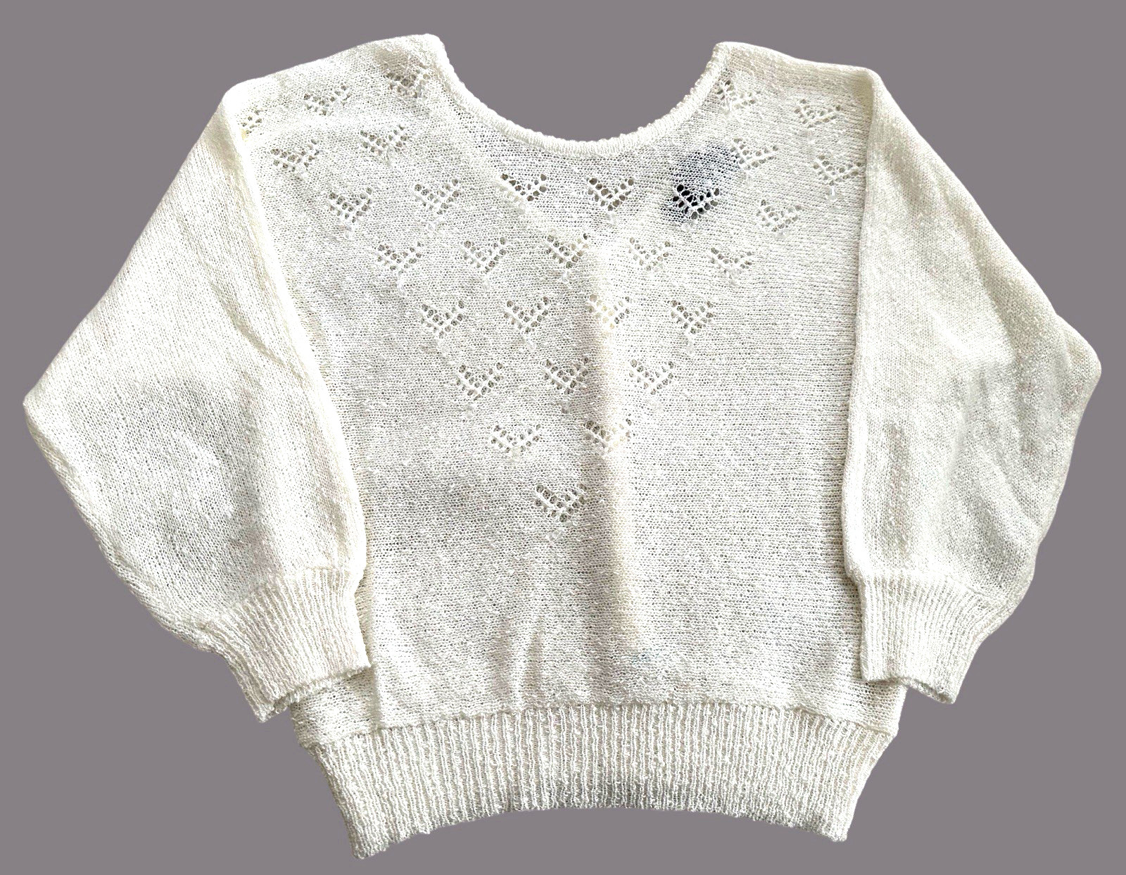 Vintage 80s Women’s Sweater Creamy White & Crystal Pullover Lg. – by Heart Rocks