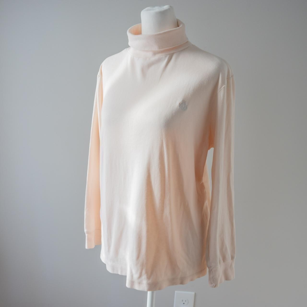 Vintage Cotton 80s Muted Pastel Pink Cream Turtleneck with logo emblem applique
