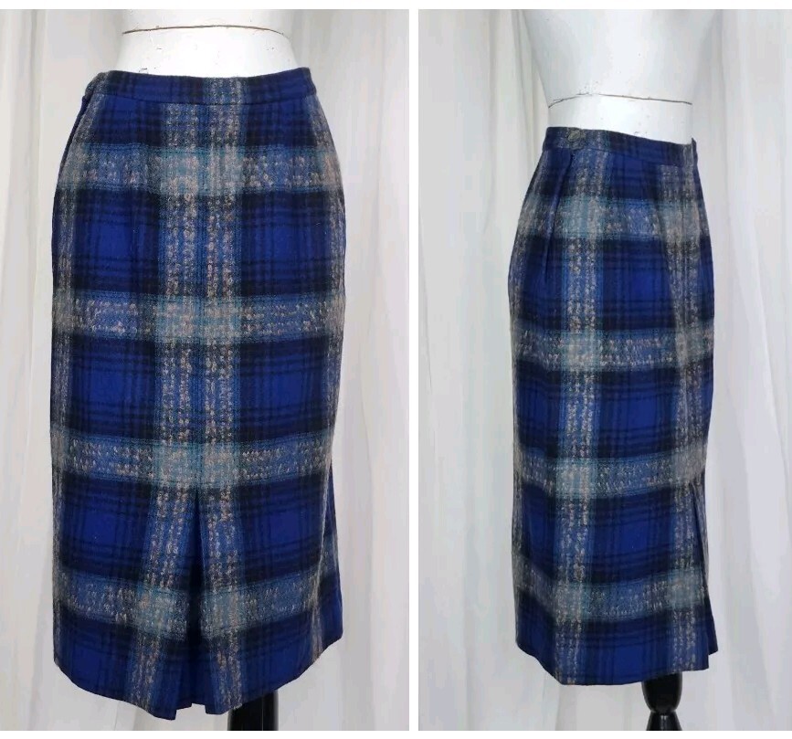 Vintage 40s 50s Earle Picard blue wool tartan plaid jacket skirt suit set S