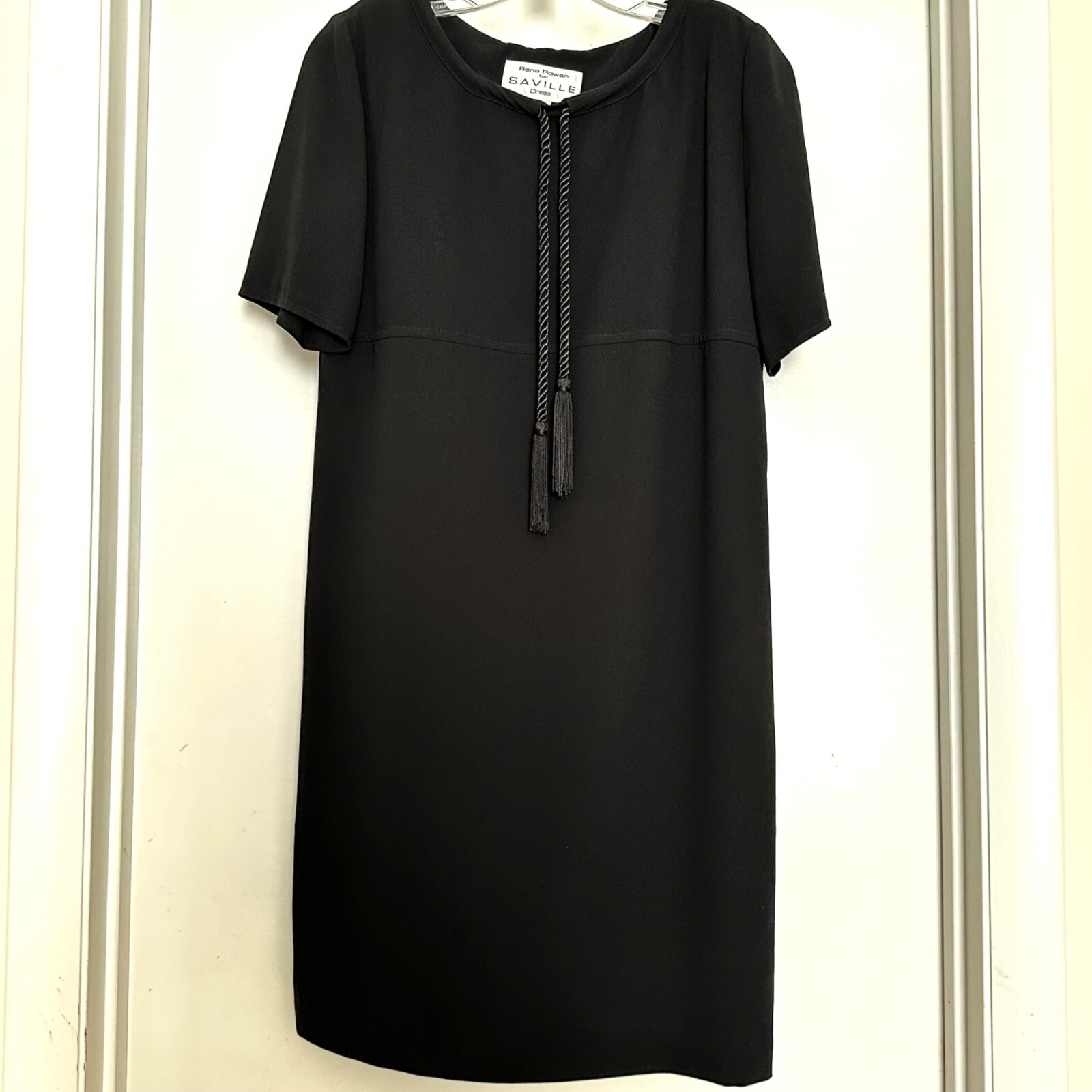 Vintage 80s Rena Rowan for Saville Black Shift Dress Rope Detail Sz 8