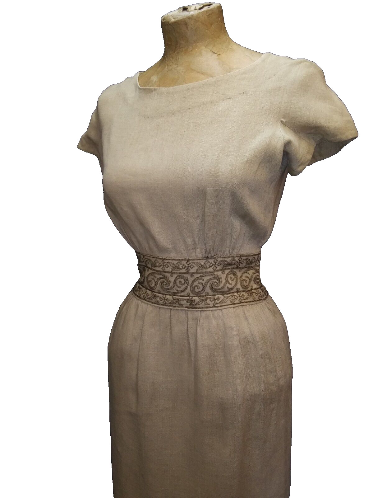 Vintage 1950’s Tan Linen Brown Embroidery Dress & Jacket Carlyle Moygashel S