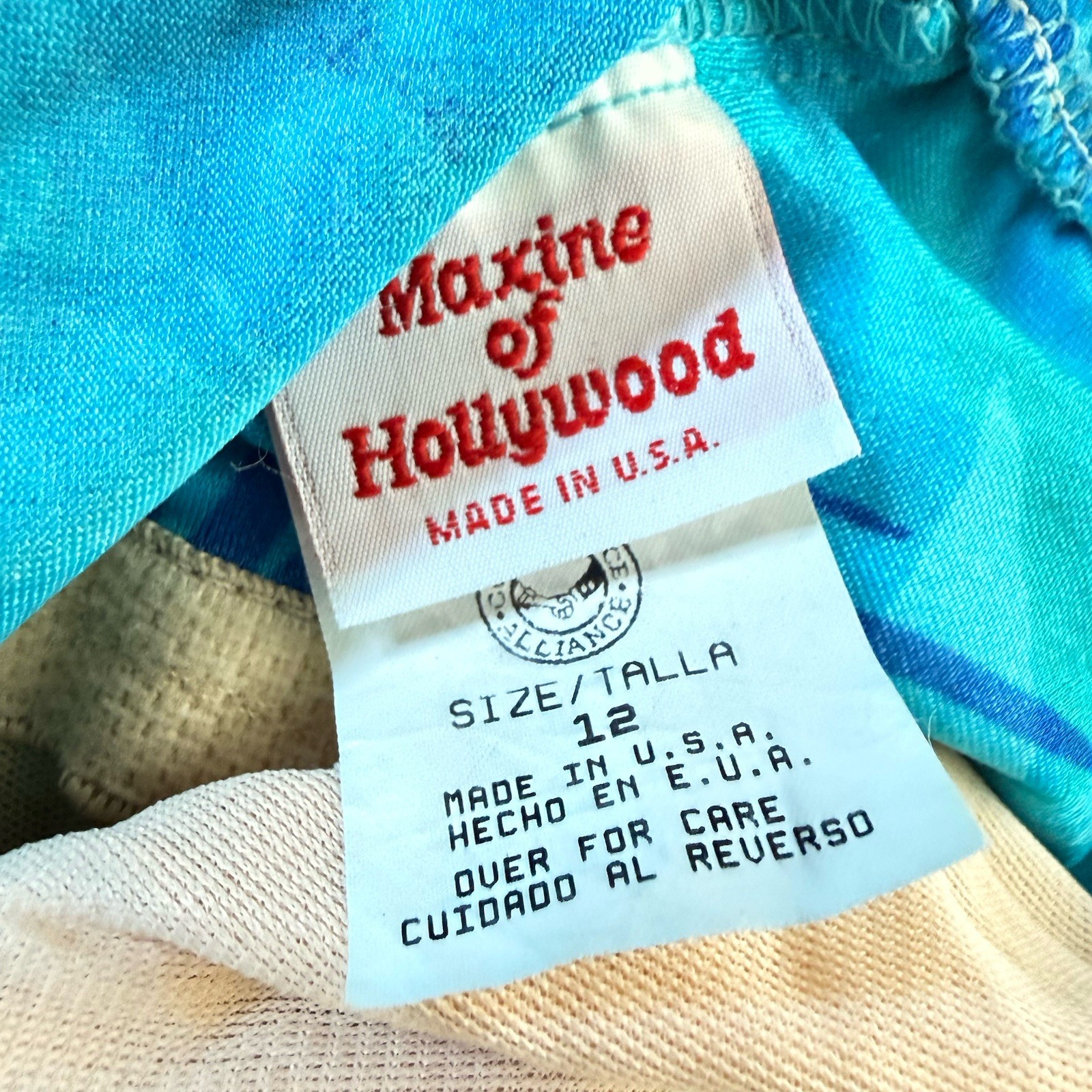 Vintage Maxine of Hollywood One Piece Swimsuit 12 Ruched Blue Palm Leaf 90s