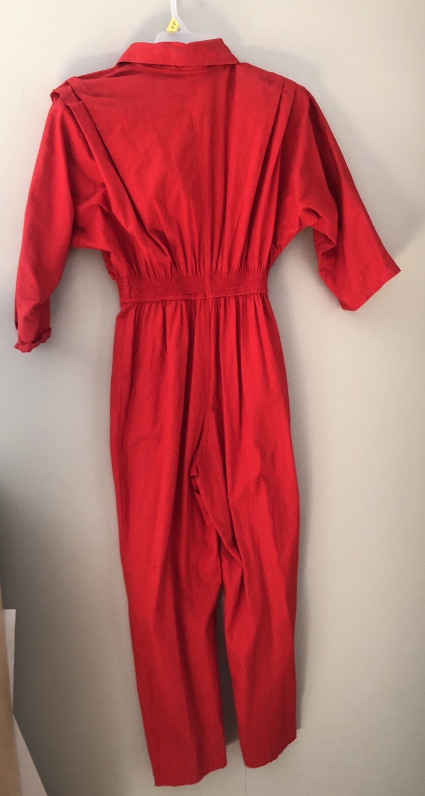 Red Cotton Jumpsuit Size 10 Belt Hook Loop Front 3/4 Sleeves 1980s Costume
