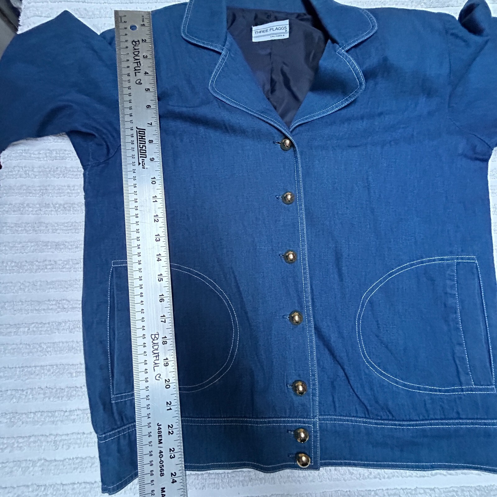 Vintage Three Flaggs Womens Denim Blazer Jacket Size L/XL Blue Casual Buttons