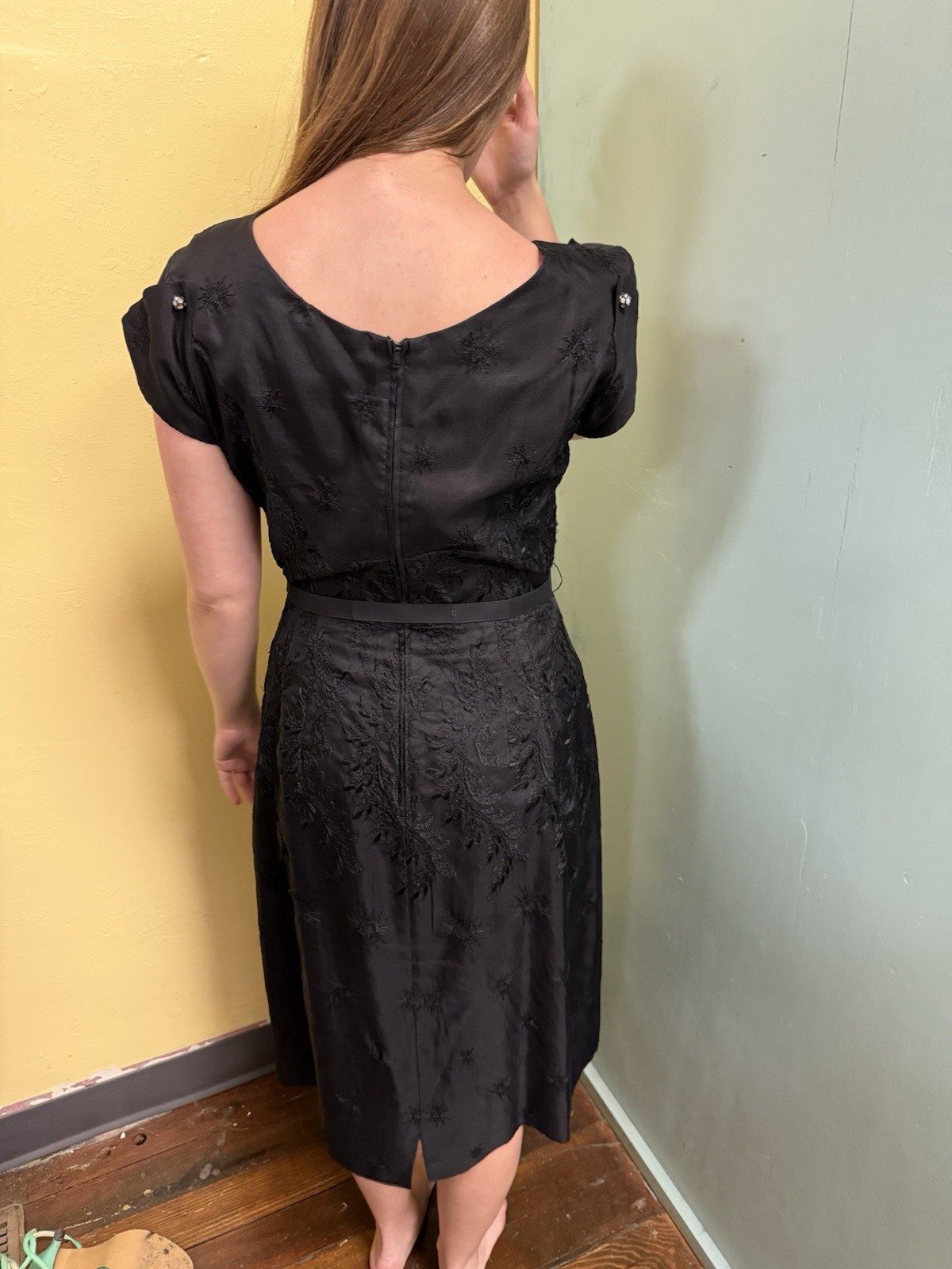 Vintage 50s/60s Pinup Black Polished Cotton Embroidered Cocktail Evening Dress S
