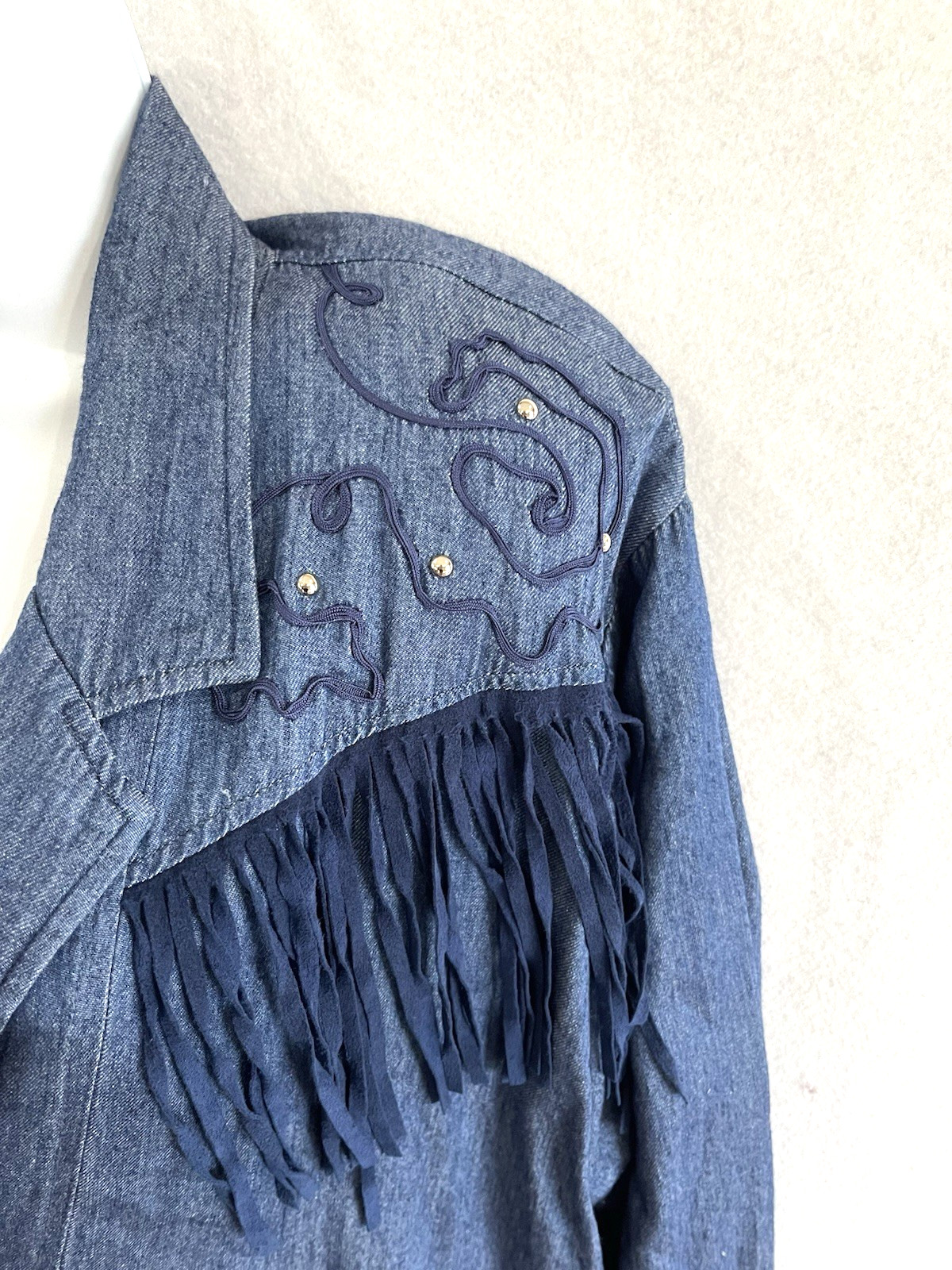 Rare Vintage Denim Fringe shirt-Jacket L 80’s Western Cowgirl Rodeo Festival