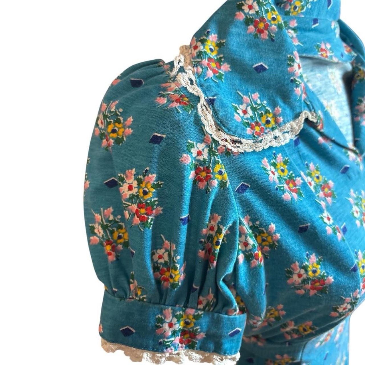Handmade Vintage Flower Dress With Ruffle Sleeves In Blue.