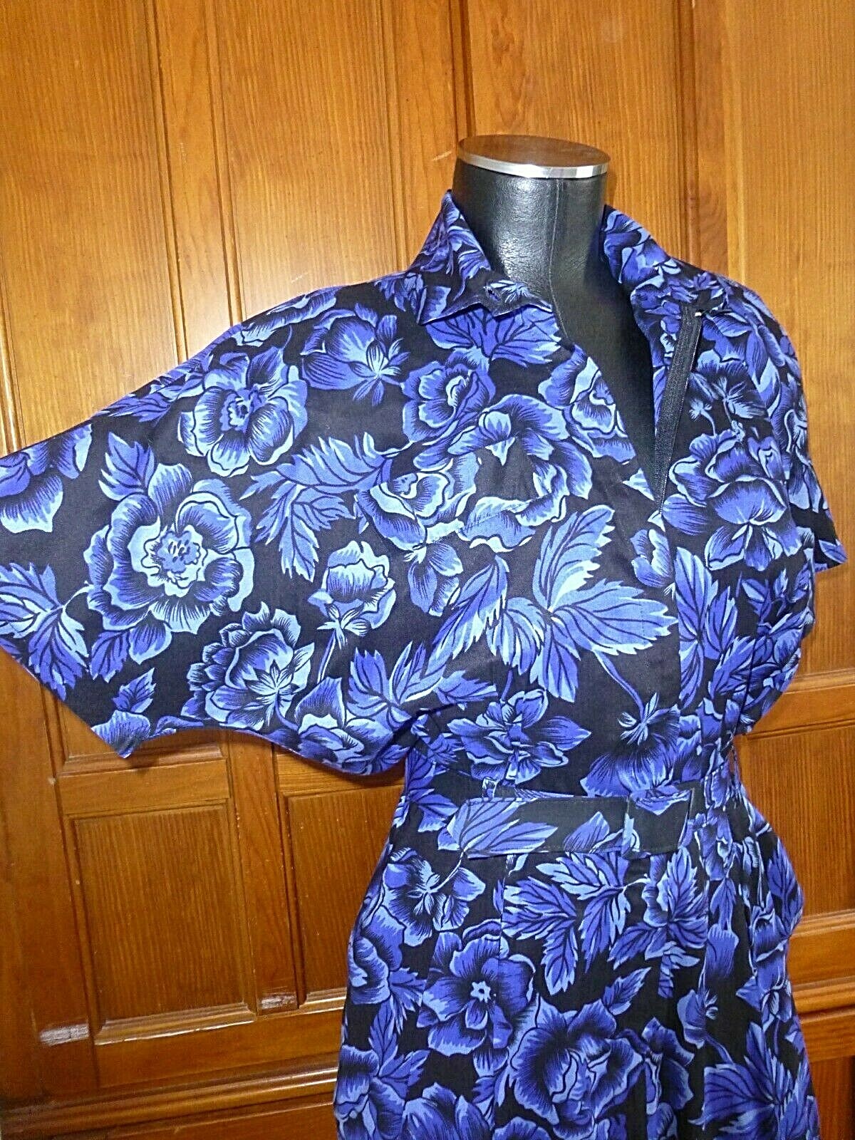 VTG 80s Midnight Floral Garden Print Dolman Slv midi BoHo Belted DRESS pockets