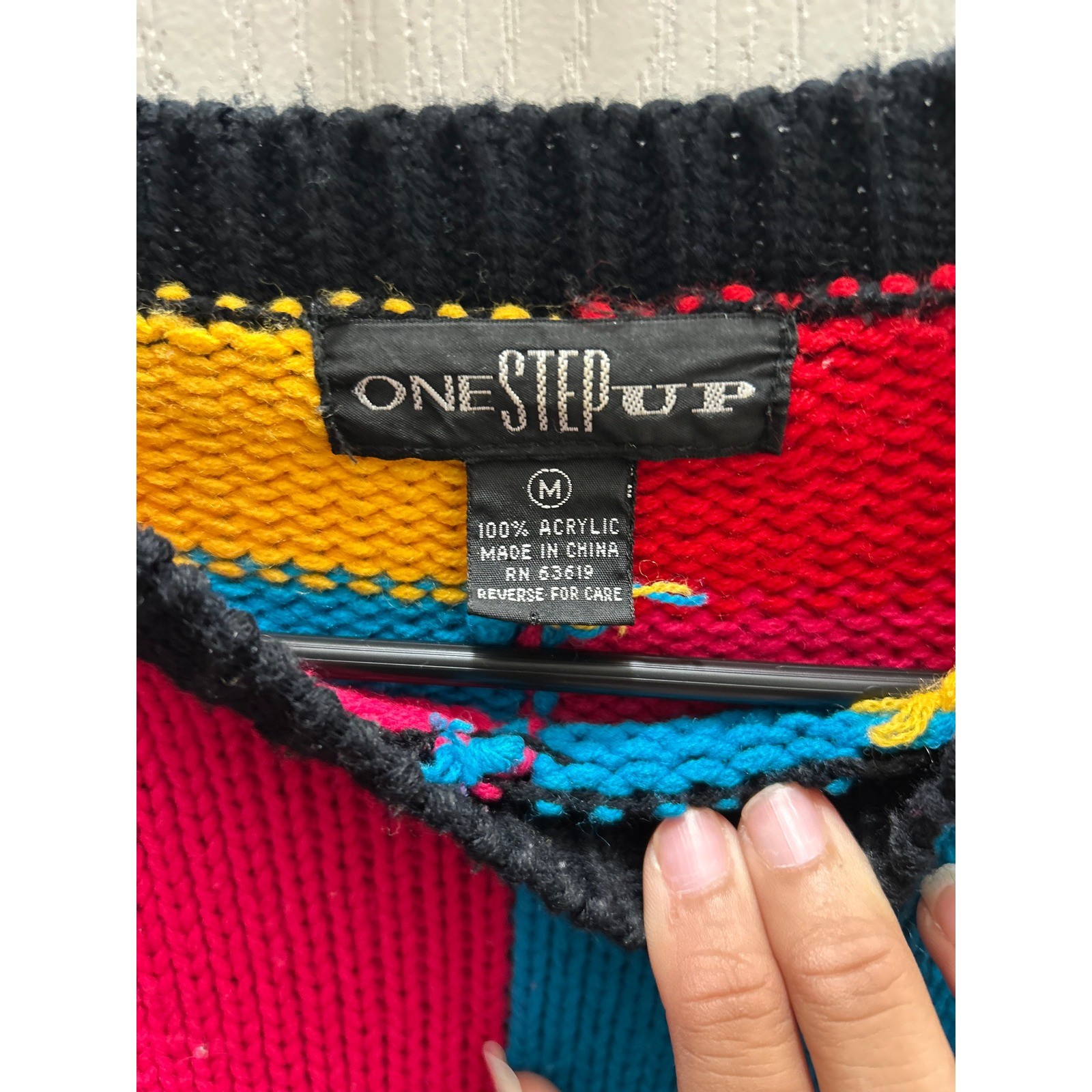 One Step Up Vintage Colorblock Geometric Sweater Women’s M 90s Oversized Acrylic