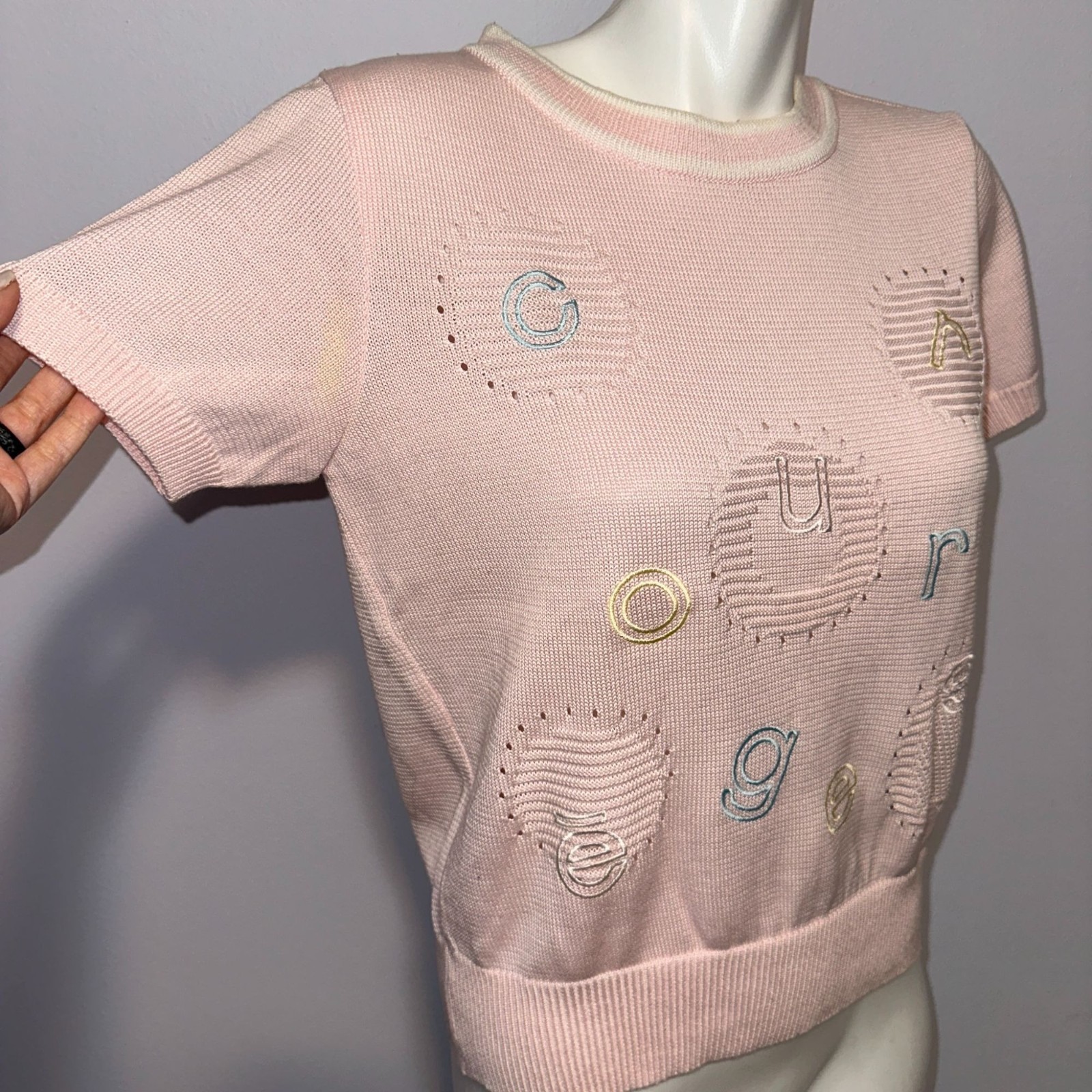 Vintage 80s Courreges Paris Soft Pastel Pink Preppy Retro Designer Sweater Sz M