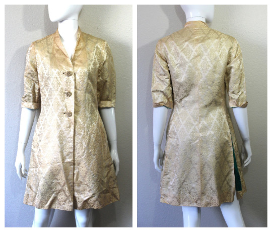 VTG 60s DYNASTY British Hong Kong Gold Emerald Green Dress Jacket Cocktail Party