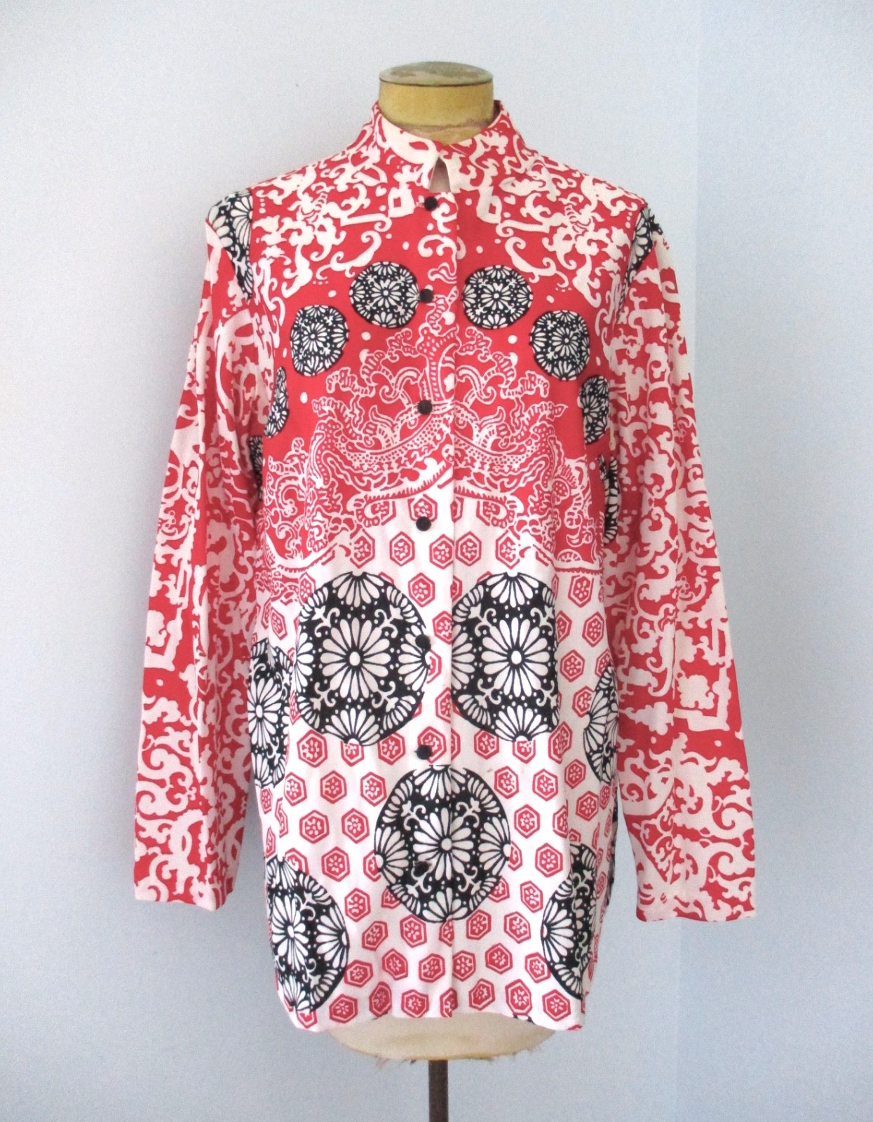 Vtg 60s 70s Sears Red Black White Geometric Asian Tunic Top Button Blouse XL