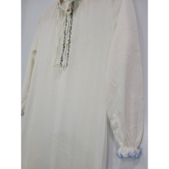Vintage Cosmo White Cotton Modal Embroidered Nightgown Blue Lettuce Edge Trim L