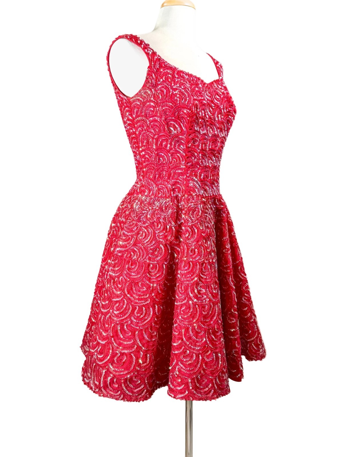 VTG 60s Mike Benet Formals Red & Sequin Party Dress, Fit and Flare SZ 9
