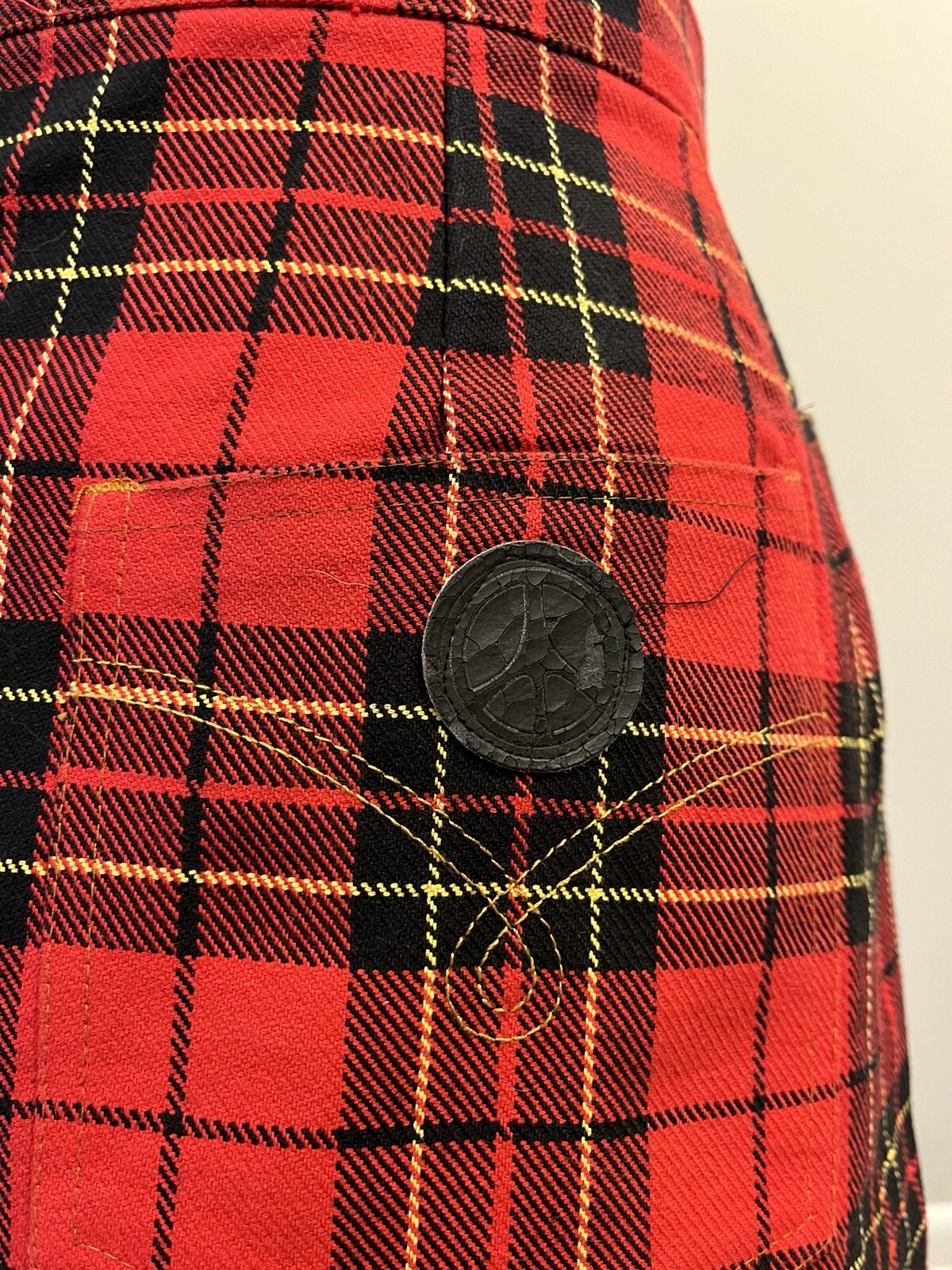 VTG 90’s Moschino Jeans Red Black Plaid Schoolgirl Pleated Leather Peace Skirt