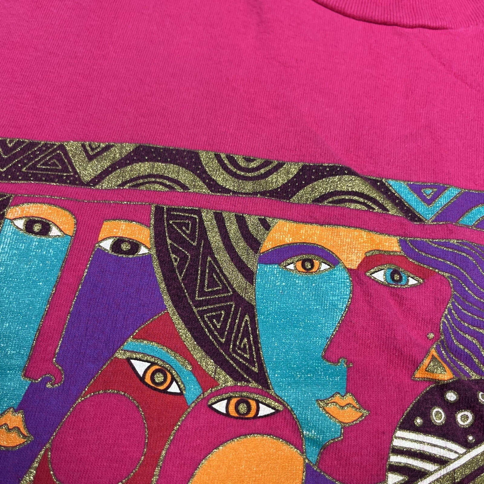 Vintage Laurel Burch Woman Spirit Pink Glitter Art To Wear T Shirt