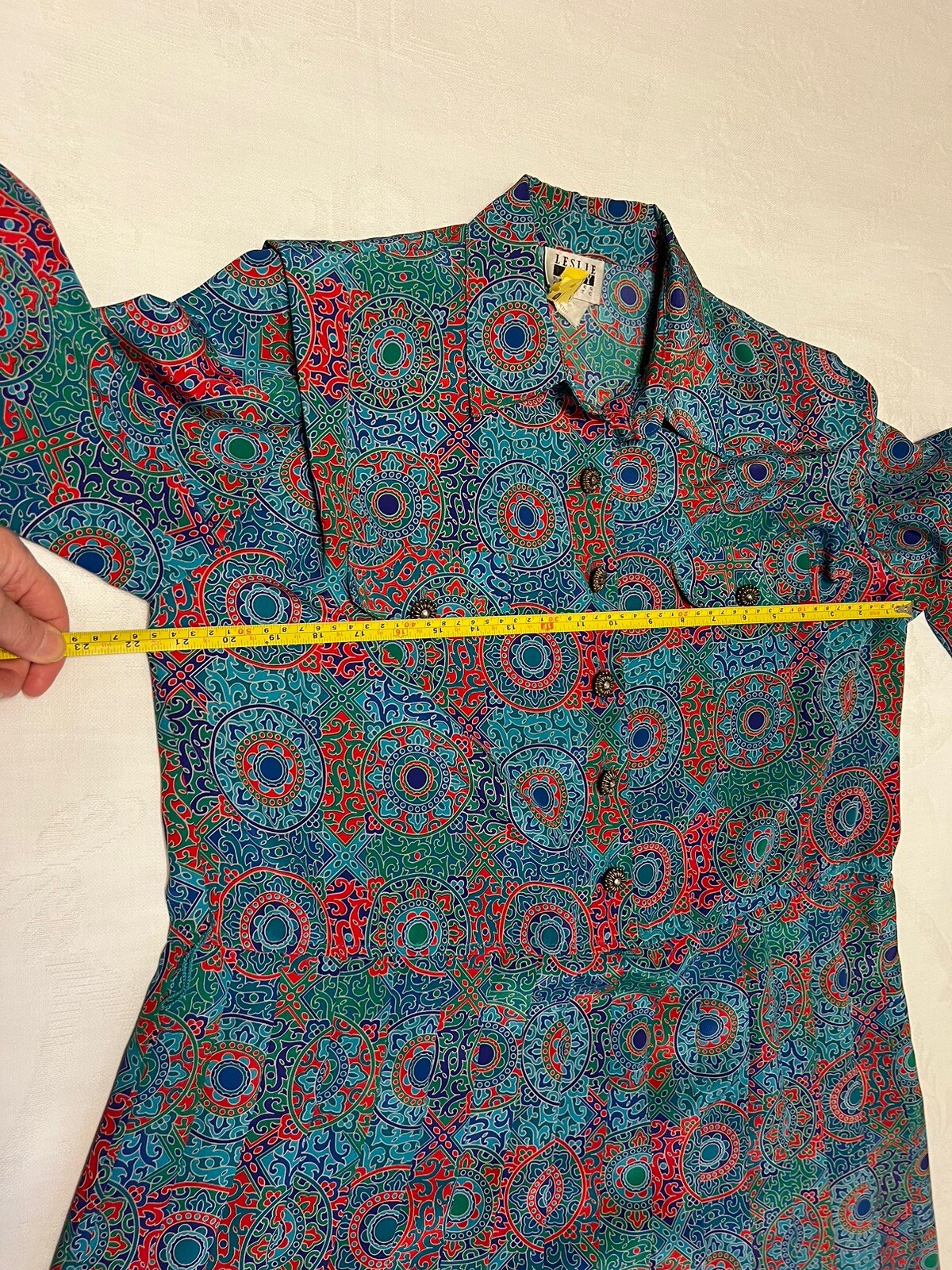 Vintage Leslie Faye Teal Pleated Fit & Flare Shirt Dress Gold Buttons-14P