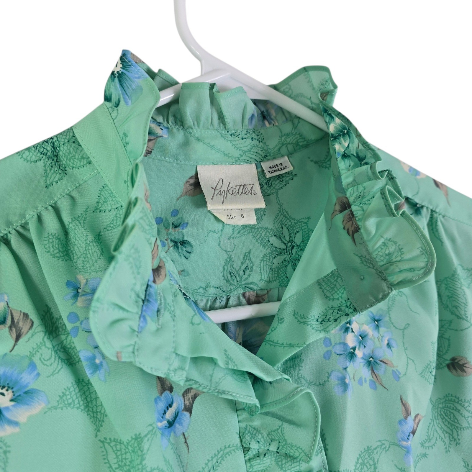 Vintage Floral Ruffle Blouse Womens 8 Mint Green Victorian Style Pastel Grandma
