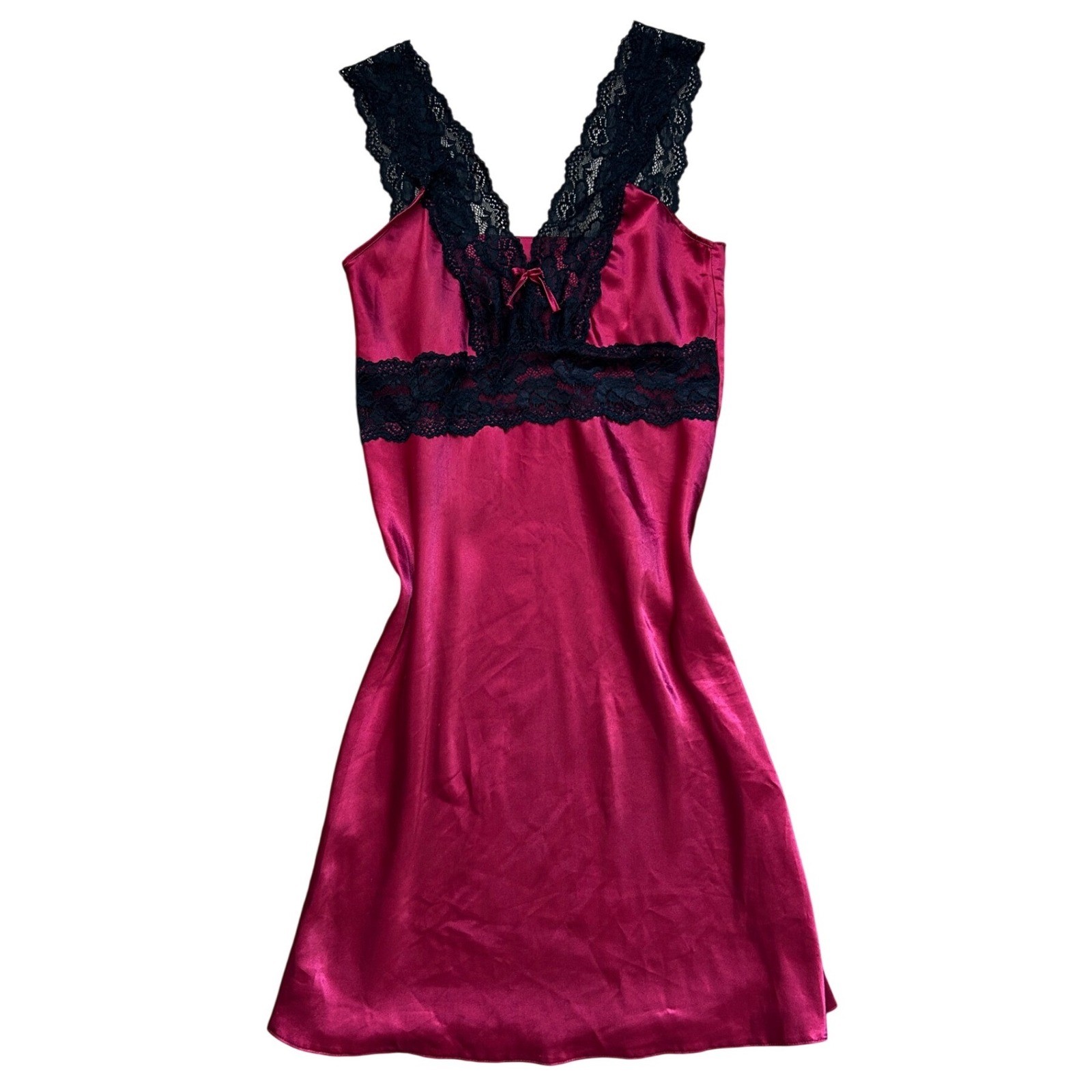 Vtg burgandy Satin Black Lace Trim Slip Dress Dark Romantic Whimsygoth S sexy