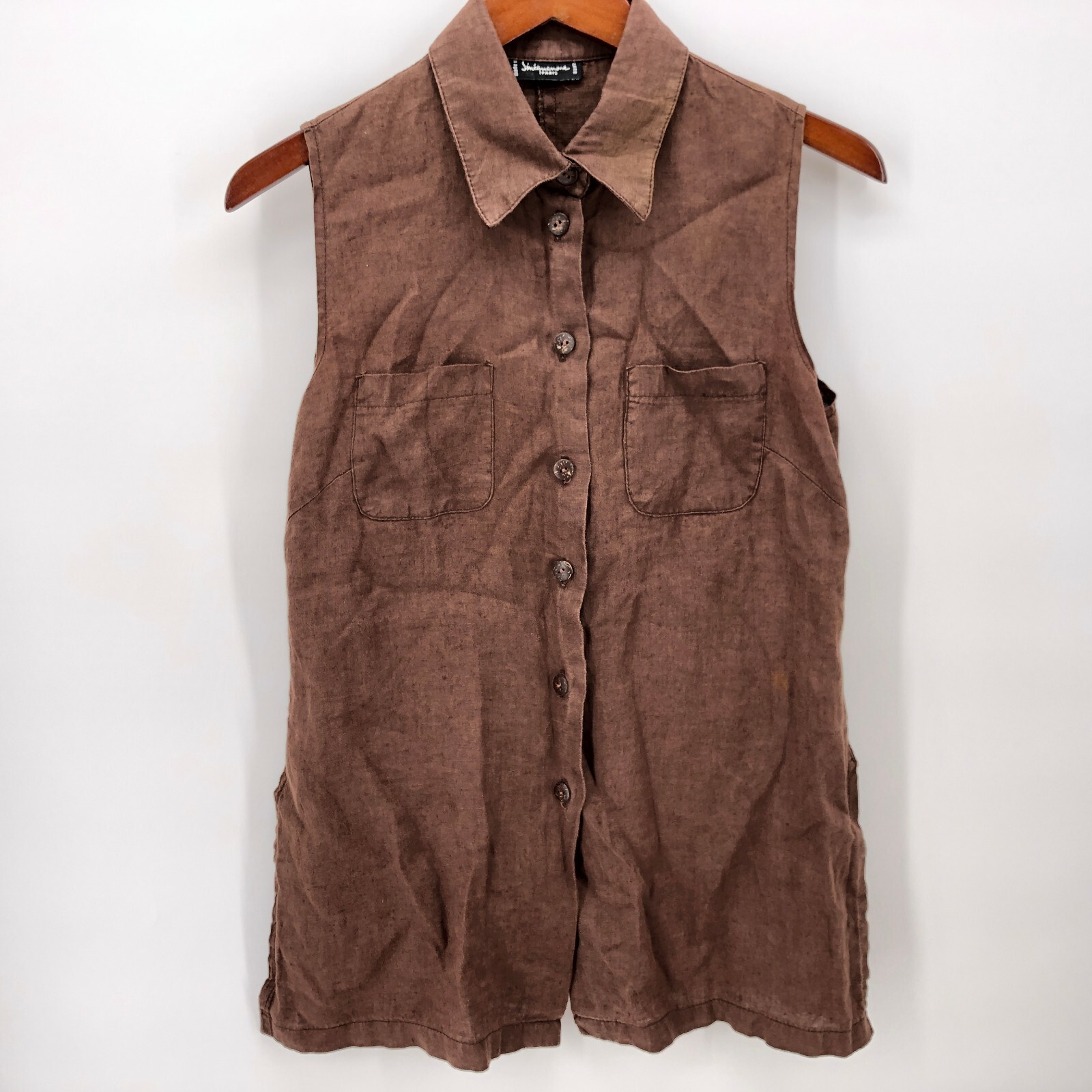 Sinquanone Womens M Vintage Sleeveless Brown Linen French 42 Blouse Top Shirt