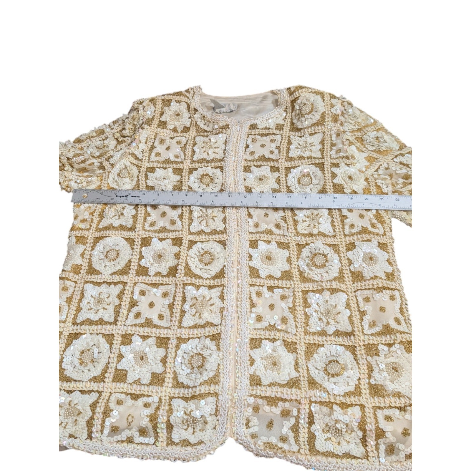 Galleria International Vintage Silk Beaded Sequin Jacket Gold Cream Floral Sz 14