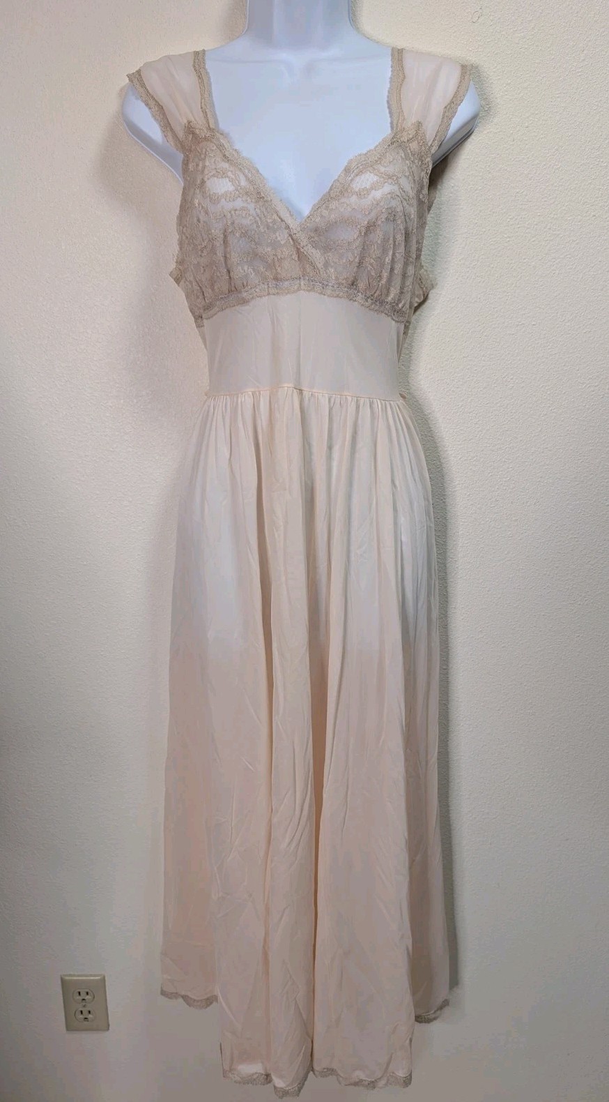 Vintage Blush Peach Lace Chiffon Gown Bardot Style Romantic Bridal Lingerie Slip