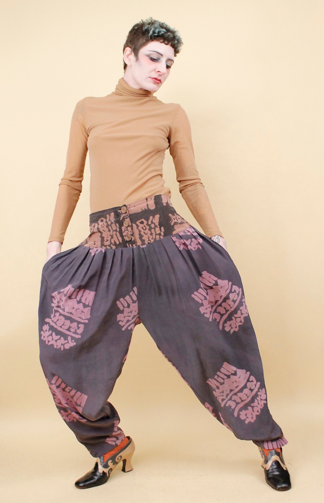 80s Vtg Silk Laise Adzer Designer Silk Moroccan Lagenlook Art Pants S-M W28-30″