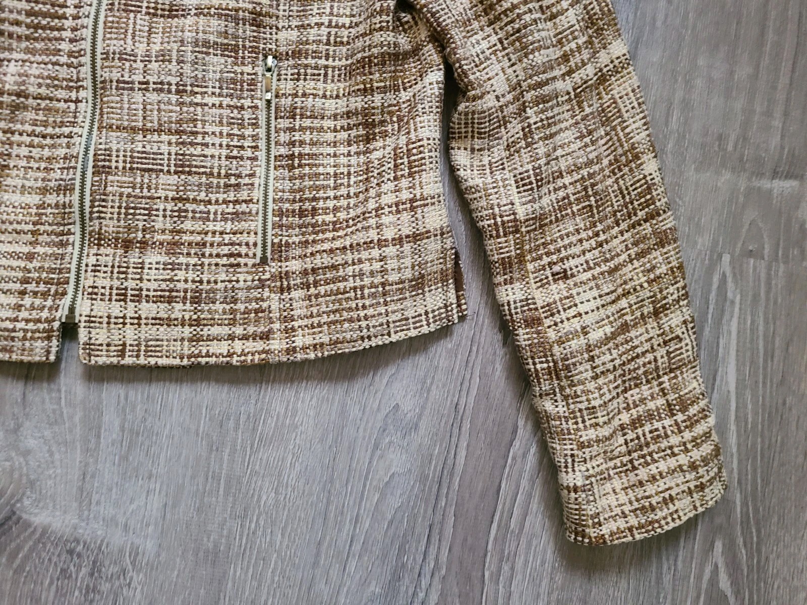 VTG Carlisle Womens 8 Blazer Jacket Zip Up Front Brown Tweed 100% Silk Pockets