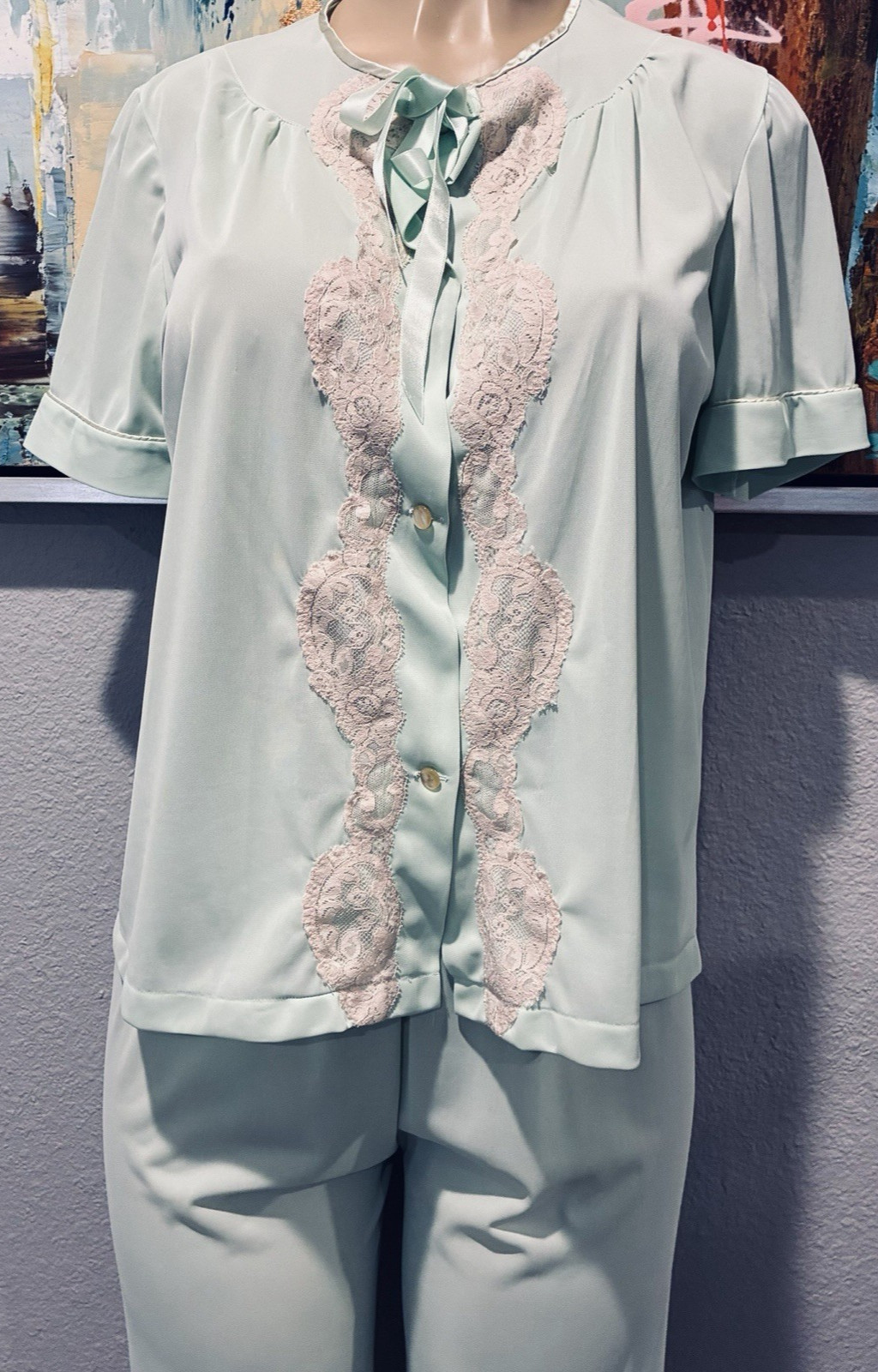 Vtg Mint Nylon Lace Top Lounge Pants Pajamas 34 S