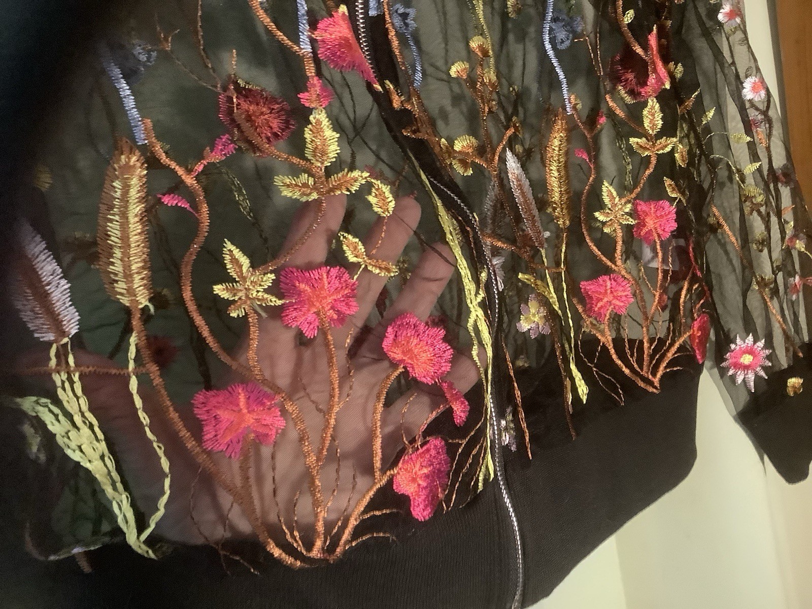 Embroidered Black Sheer Jacket Flowers Emory Rose Nylon Zippered Front Disco