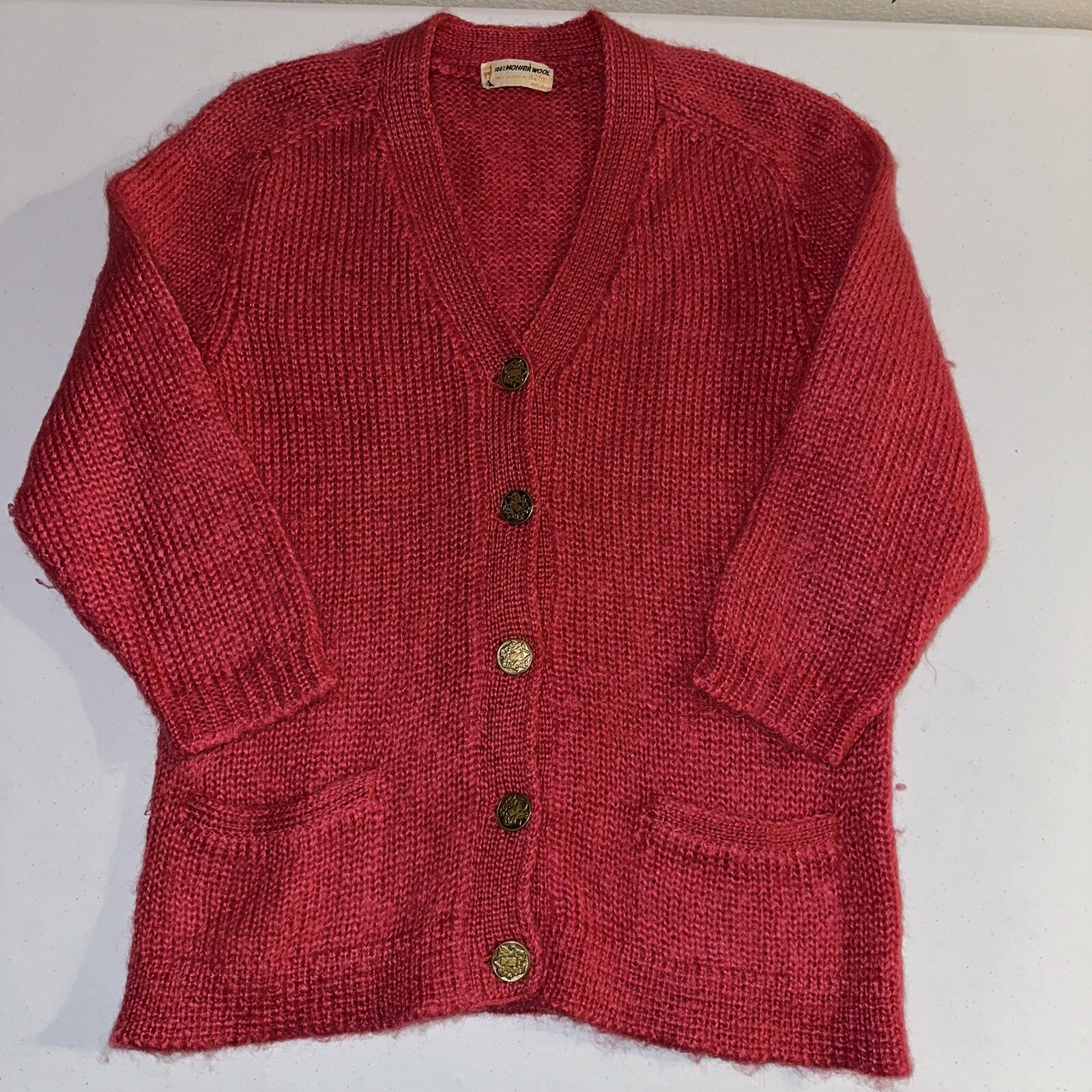 Vintage 1960s 100% Mohair Cardigan Sweater Pinkish Red Approx Sz Medium Shaggy