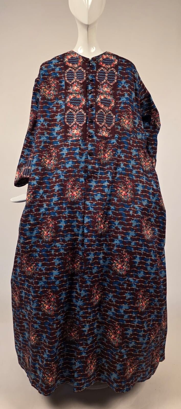 UNWORN CONDITION CIVIL WAR 1850’S FLORAL CHINTZ WRAPPER DRESS W PAGODA SLEEVES