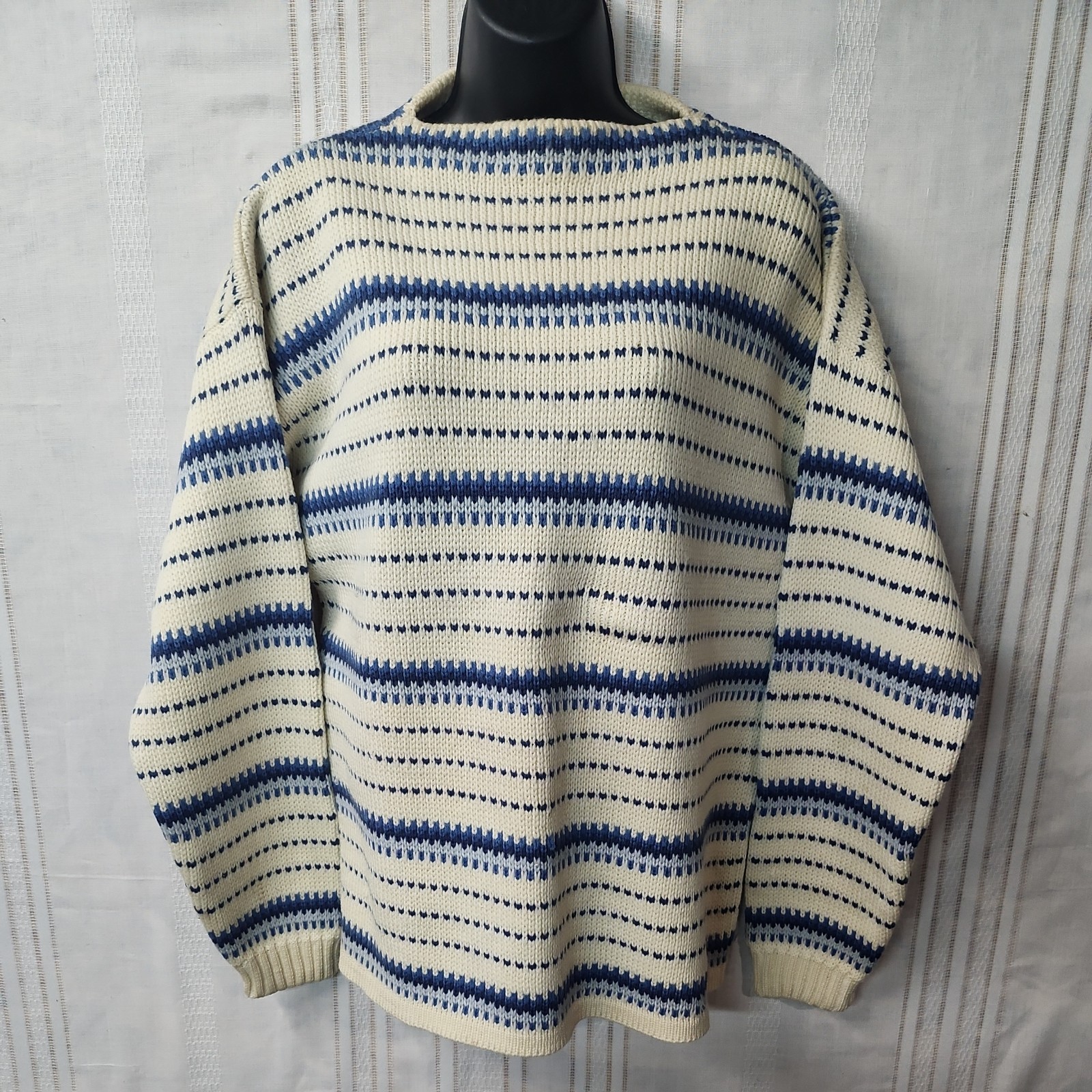 Women’s Large Meister Knit 100% NEW WOOL Austria Made Cream Blue Striped Sweater