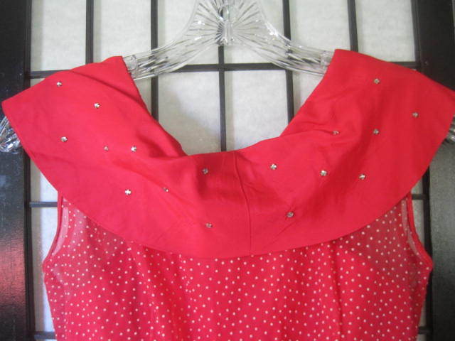 Vintage 1950s Sheer Dress Red White Swiss Dots Sailor Look Rhinestones 32 XS S