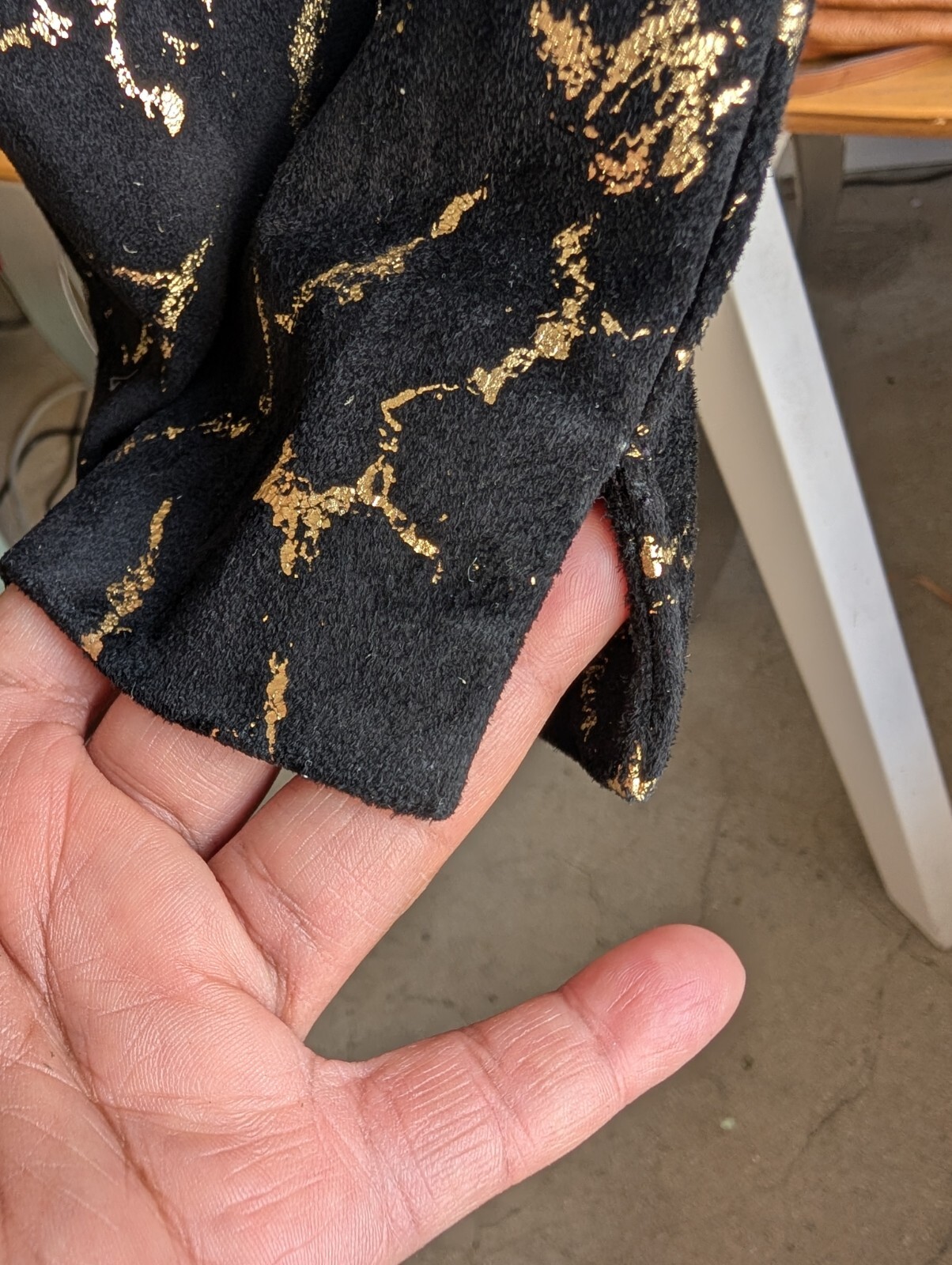 Vintage Vicky Tiel Black and Metallic Gold Suede Long Sleeve Jumpsuit France-XS