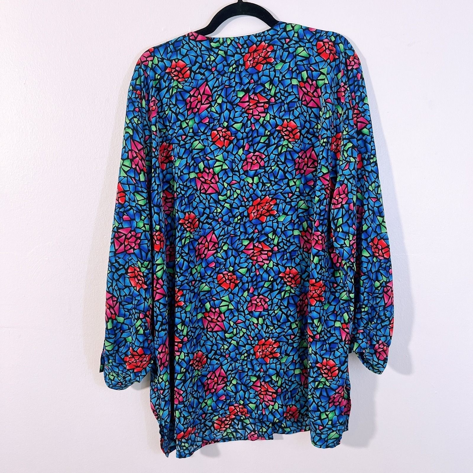 Y2K Elisabeth Liz Claiborne 22WP Vintage Stained Glass Mosaic Floral Blouse Blue