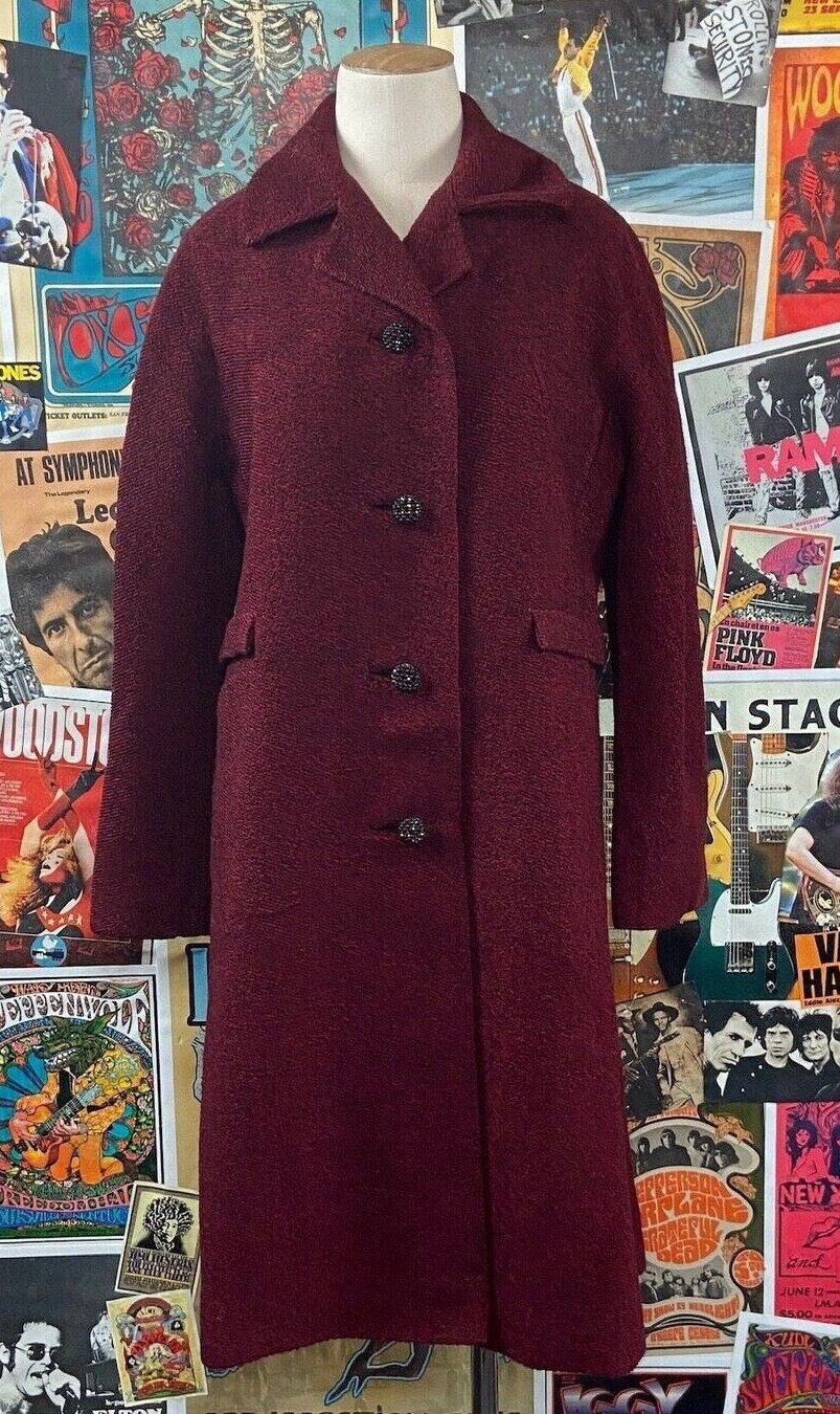 Vtg Womens 60s Red Black Single Breasted Bromleigh Wool Car Coat