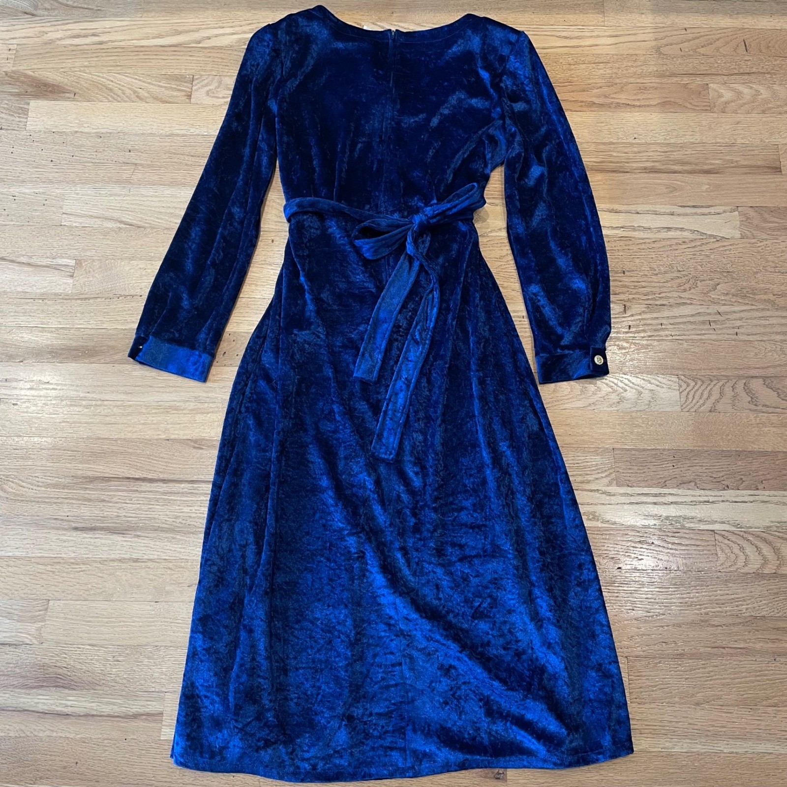 Brett Alixander Vintage 90s Velvet Midi Dress Dark Academia Blue Tie Back Bow