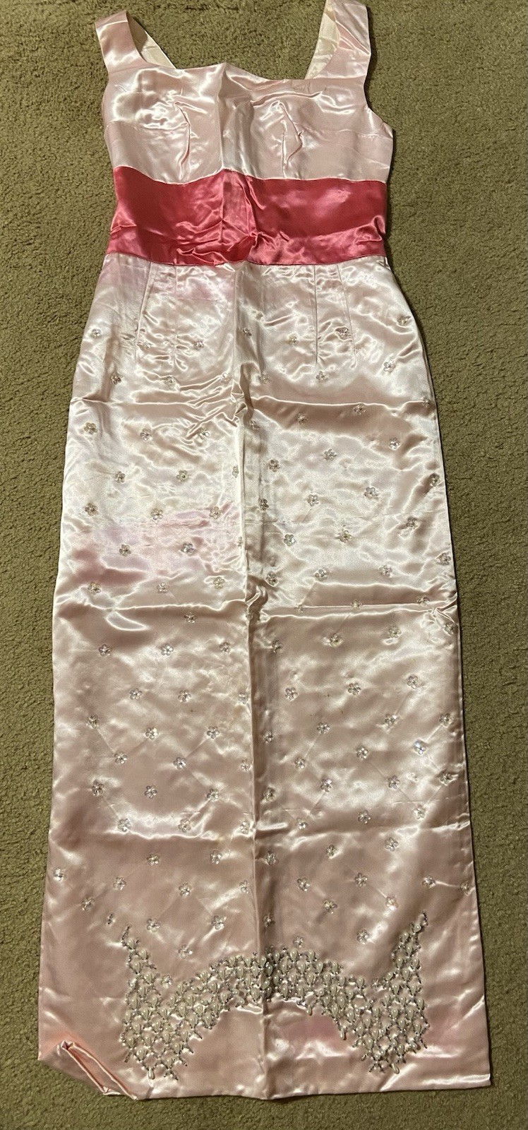 Pink Formal Satin Gown Vintage 1950s Handmade Sz 8 (estimate) W/Fushia Waist ***