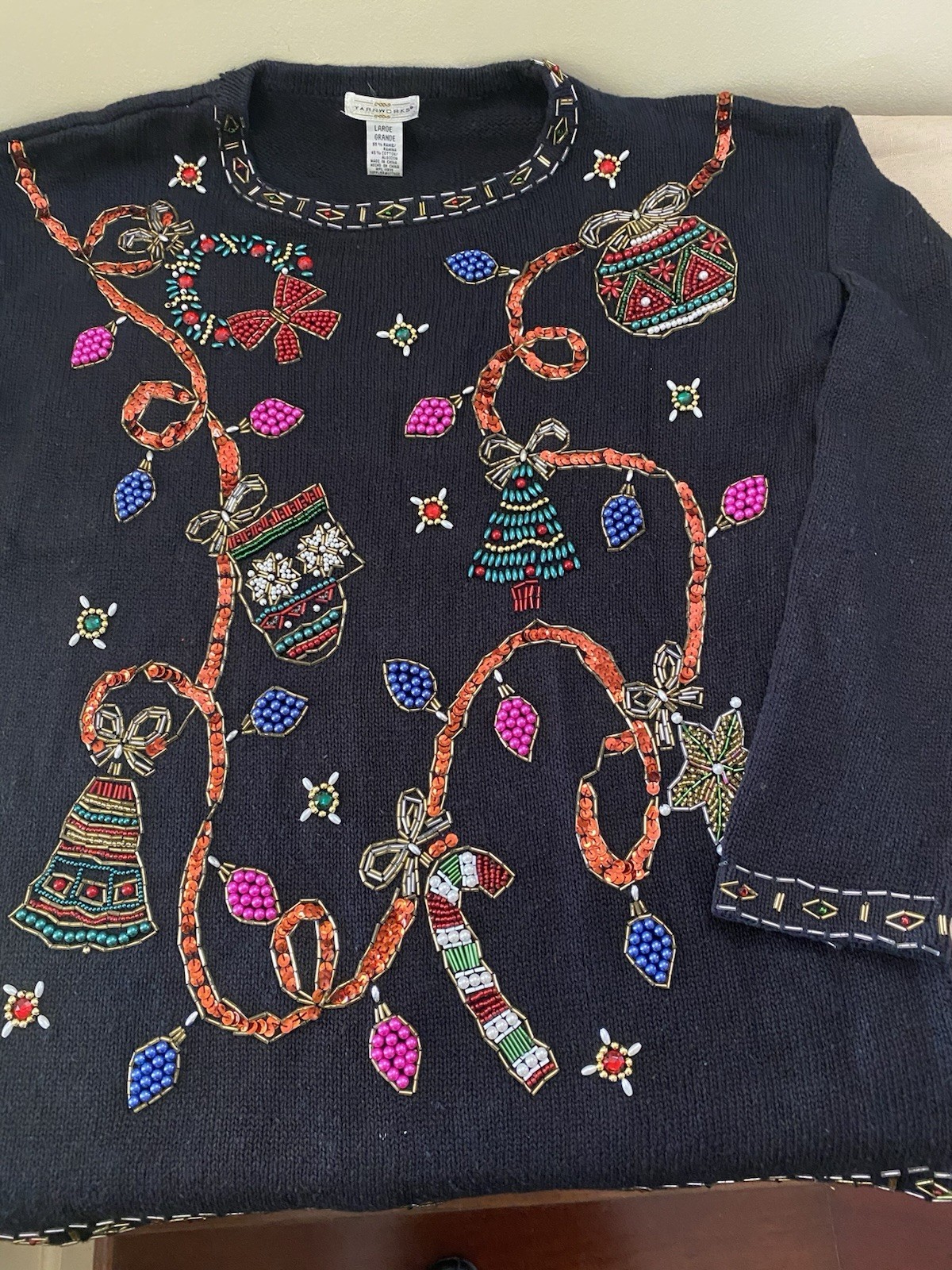 Vintage YarnWorks Beaded Sequin Christmas Sweater Tree Wreath Ornament Star L