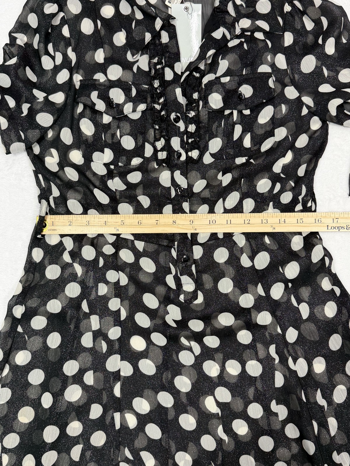 Vtg Black & White 90s Polka Dot NWT Sheer Chiffon Large Dress Ruffled Button Up