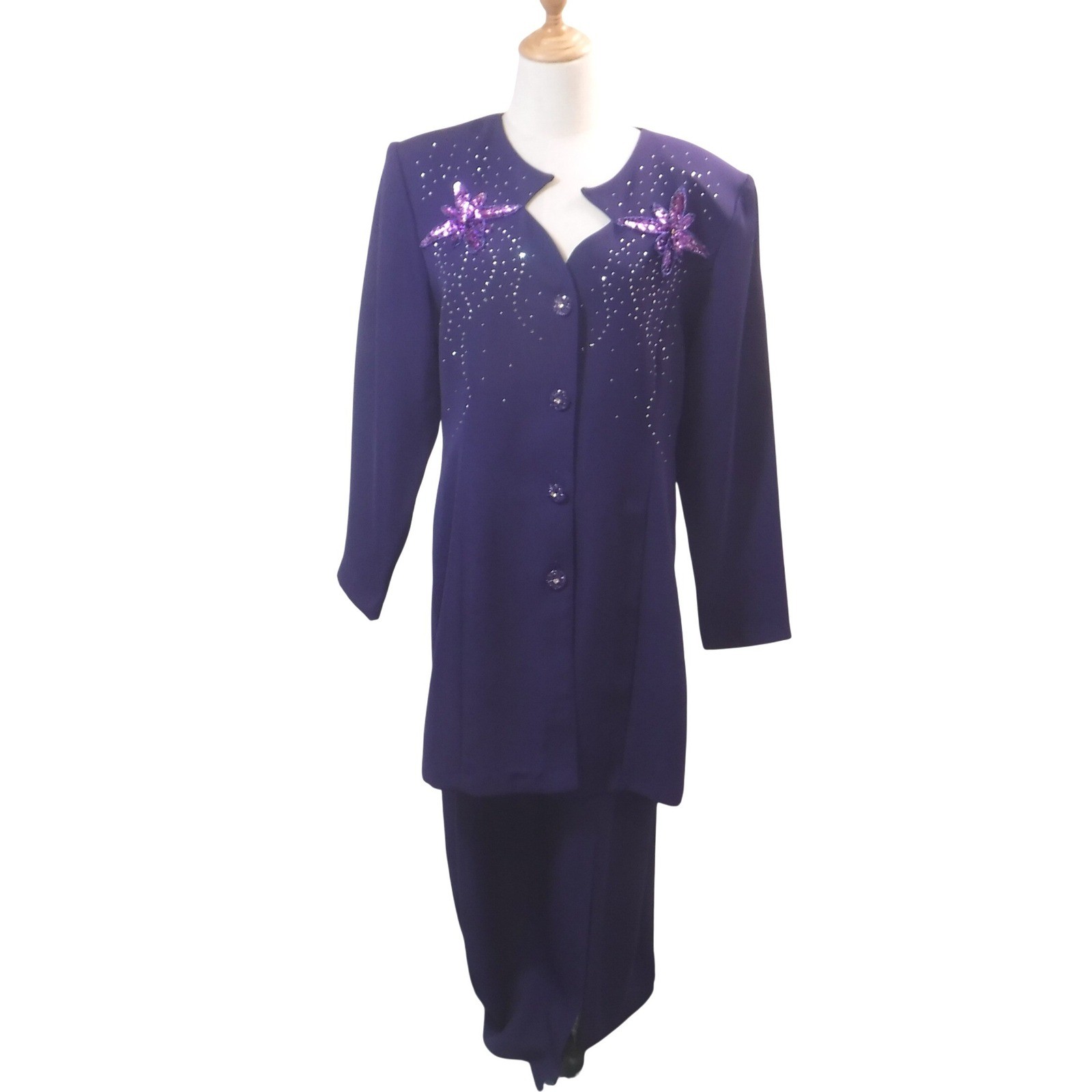 Vintage Dolce Purple Sequin Floral Longline Blazer Maxi Skirt Suit Set Size L