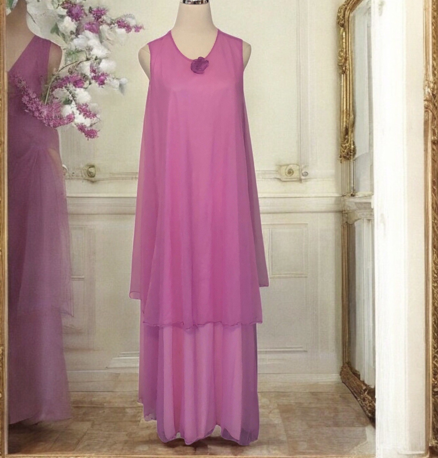 Vtg 60s Jenelle of California Double Nylon Layered Tiered Gown Orchid Pink ￼Med.